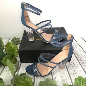 Chase + Chloe Denim Clear Chunk Heel Sandals